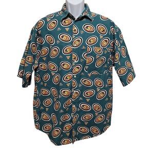 Impact Mens Button Front Oxford Shirt Size M Green Geometric Pocket Funky Cotton